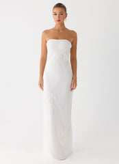 Sassafras Beaded Flower Strapless Maxi Dress - White
