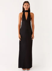Alicia Satin Halter Maxi Dress - Black