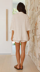 Lacole Button Up Shirt and Shorts Set - White / Beige Stripe