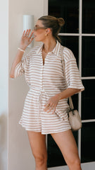 Lacole Button Up Shirt and Shorts Set - White / Beige Stripe