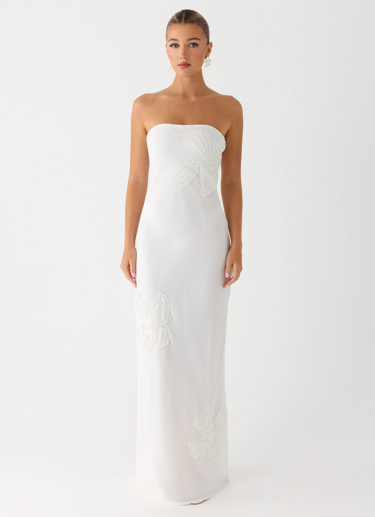Sassafras Beaded Flower Strapless Maxi Dress - White