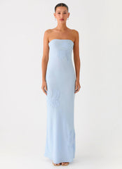 Sassafras Beaded Flower Strapless Maxi Dress - Blue